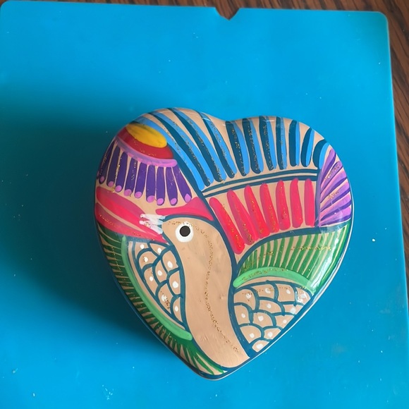 Mexican Folk Art Red Clay Pottery Heart Pelican Flowers Trinket Box Hand Painted - Picture 3 of 8